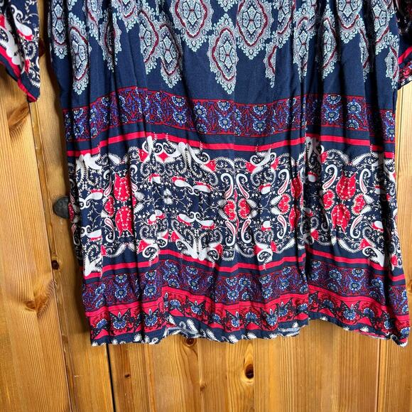 Umgee Bell Sleeve Keyhole Dress Mini Blue Red Women’s Small Hippie 70s Boho - Picture 6 of 8